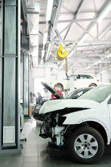 Fototapeta premium Cars in a dealer repair station in Moscow, Russia