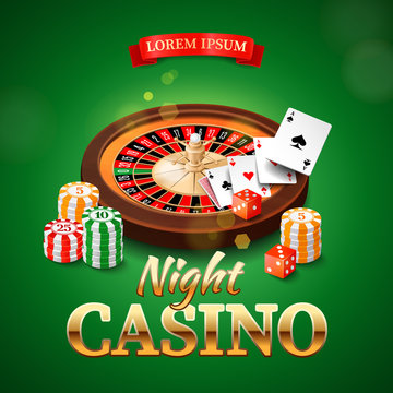 Casino background with roulette wheel, chips, cards and dice
