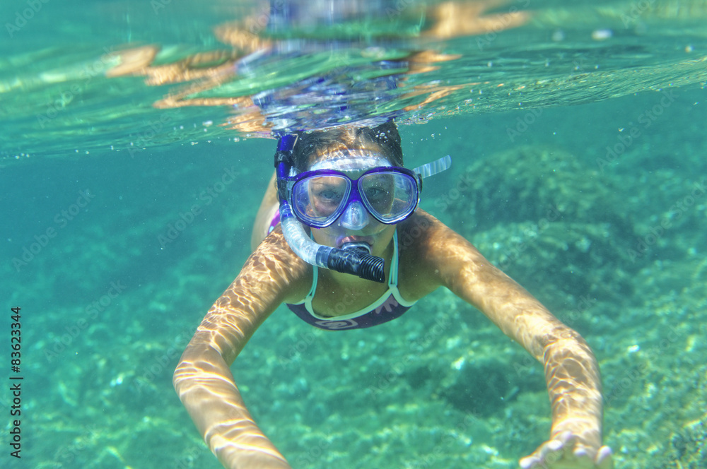 Sticker Underwater girl snorkeling