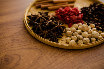 Wooden table of colorful spices