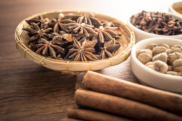 Wooden table of colorful spices
