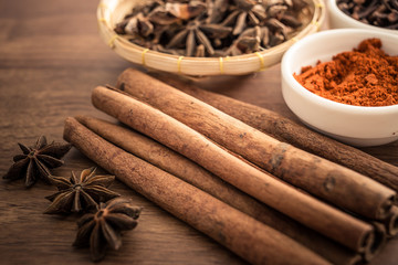 Wooden table of colorful spices