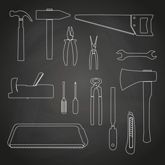 hand tools outline icons on chalkboard eps10