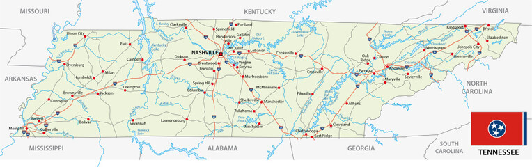 tennessee road map with flag - obrazy, fototapety, plakaty