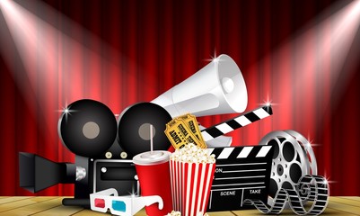 Red curtain cinemas films on the stage with stage lights