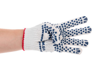 Protective glove with blue circles. 