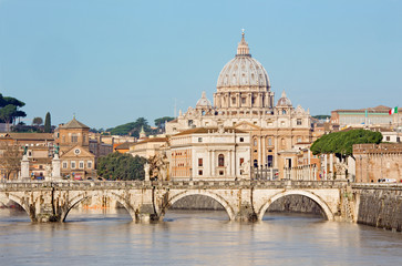 Fototapeta na wymiar Rome - Angels bridge and St. Peters basilica in morning