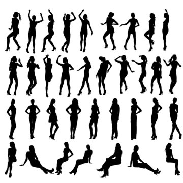 Vector silhouettes of dancing, standing and sitting women. Women