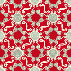 Seamless pattern.Decorative sun. red background.