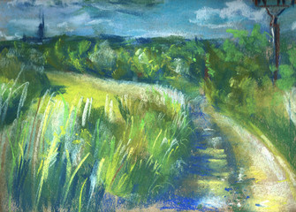 Fototapeta na wymiar Hand drawn summer landscape, soft pastels