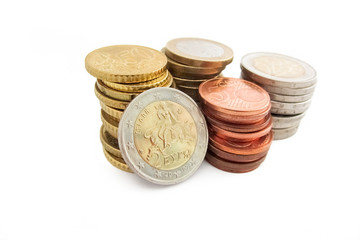 Stack of Greek Euro coins in white background