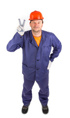 Worker with peace sign.