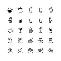 twenty five black food icons isolated on white