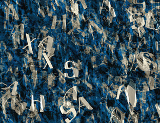 crumple paper with many abstract blue alphabet letters
