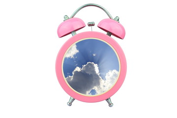 Fototapeta na wymiar sky within pink alarm clock isolated on white background