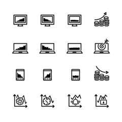 sixteen black outline market icons isolated on white