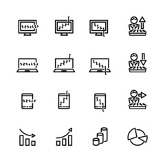 sixteen black outline market icons isolated on white