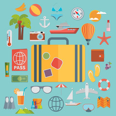 Flat icons set with long shadow effect of traveling on airplane,