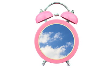 sky within pink alarm clock isolated on white background