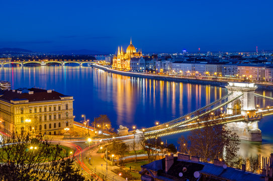 Budapest, Hungarian Parliament and Danube at blue hour