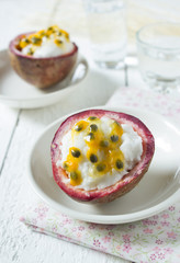 Milk ice cream with Passion fruit topping