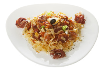Tagliatelle, Napoliten, smoked ham, cheese-Isolated on white.