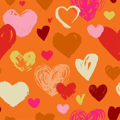 Seamless red hand drawn doodle pattern with hearts