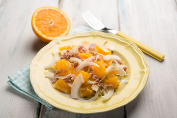 salad with tuna fennel and sliced orange, selective focus