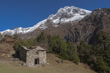 Fototapeta na wymiar view of the Himalayas from the surrounding villages Dhole
