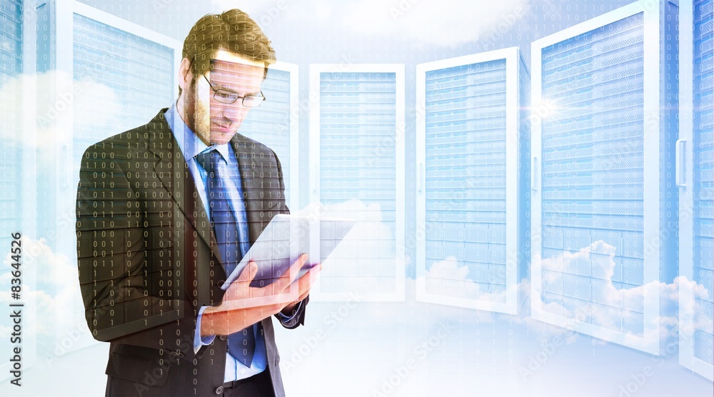 Poster Composite image of businessman using a tablet computer