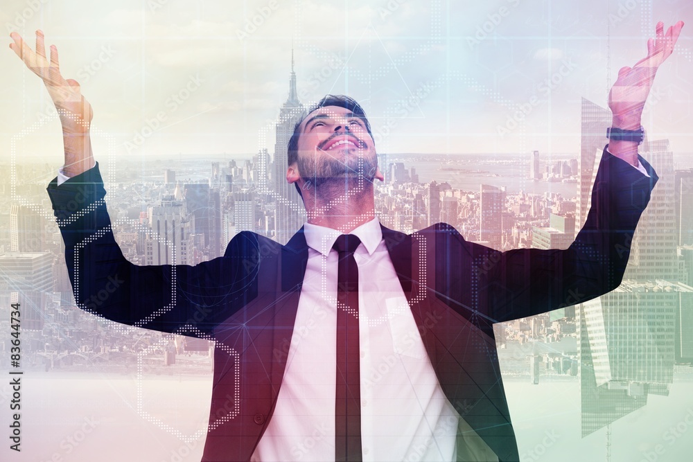 Poster composite image of businessman cheering with hands raised