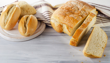 bread on a wooden cutting board.
