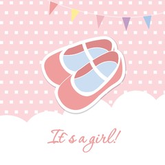 Baby girl  shower card with small boots on seamless pattern