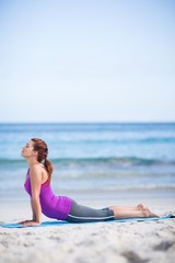 Fototapeta na wymiar Brunette doing yoga on exercise mat
