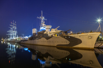 Warship at night in port of Gdynia, Poland.