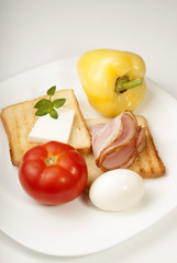 Plate of breakfast with egg, ham and toasts