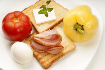 Plate of breakfast with egg, ham and toasts