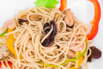 Seafood with pasta as haute cuisine.
