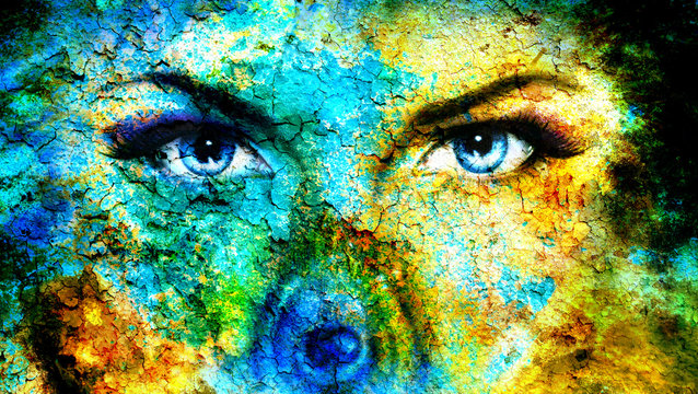 pair of beautiful blue women eyes looking up mysteriously 