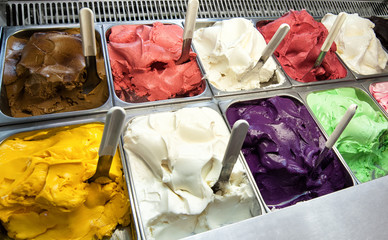 Colorful display of handmade fruity flavoured ice cream