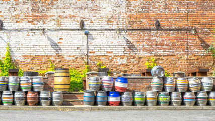 Fototapeta premium Steel kegs of beer in factory yard