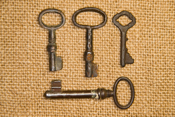 A lot vintage keys from the locks on old cloth