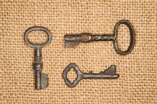 A lot vintage keys from the locks on old cloth