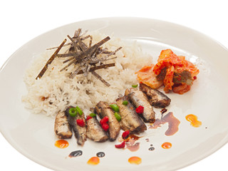 fried sprats with rice, kimchi & nori