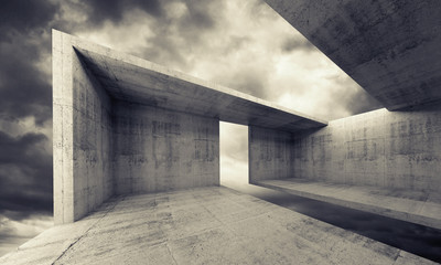 Concrete interior with dark moody sky, 3d
