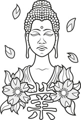 Portrait of Buddha with cherry blossoms and the symbol for Karma