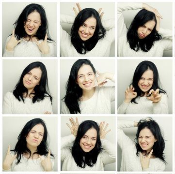 Collage of woman different facial expressions 