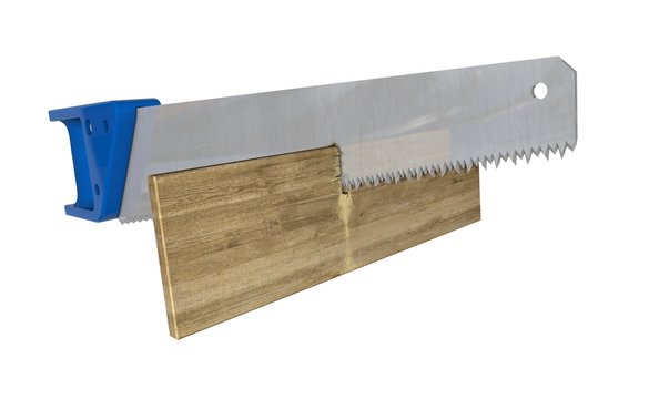 Handsaw,new with blue plastic grip sawing a wooden board