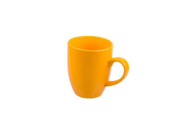 Yellow mug empty blank for coffee or tea isolated on white backg
