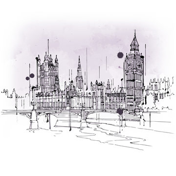 Vintage style sketch of Big Ben and Parliament